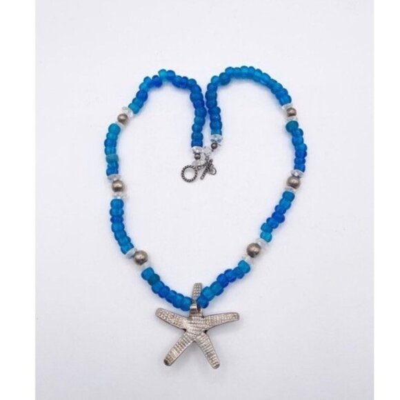 Silver Starfish Pendant Necklace Blue Glass Bead Coastal Nautical Statement - Picture 3 of 13